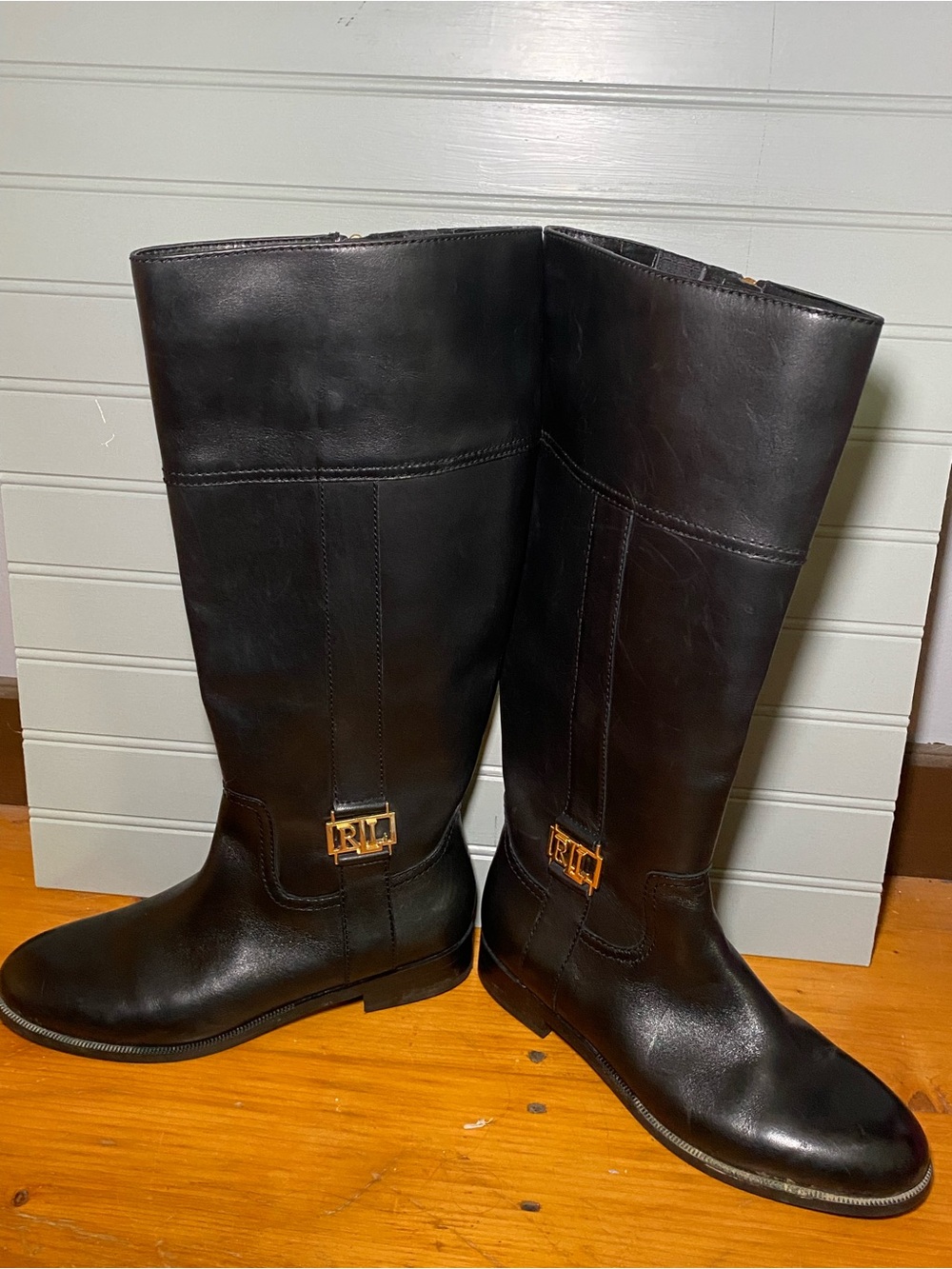 Ralph Lauren Black Leather Tall Riding Boots with Gold RL Emblem